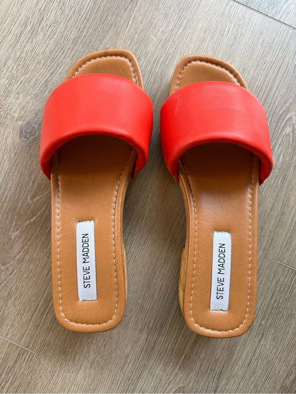 Steve Madden Red Slide Sandals with Tan Footbed